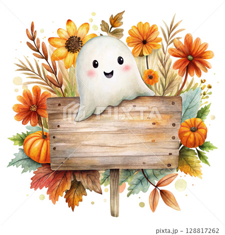 Cute kawaii ghost hugging a smiling jack o...のイラスト素材 [128817262] - PIXTA