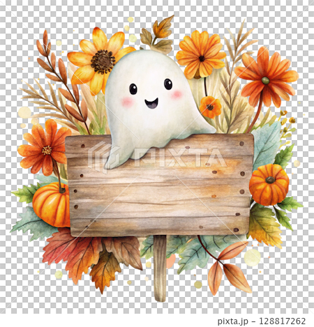 Cute kawaii ghost hugging a smiling jack o...のイラスト素材 [128817262] - PIXTA