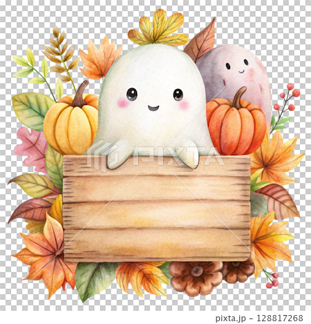 Cute kawaii ghost hugging a smiling jack o...のイラスト素材 [128817268] - PIXTA