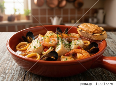 Delicious cioppino seafood stew with shrimp mussels and fish in a red pot on a wooden table Delicious cioppino seafood stew with shrimp mussels and fish in a red pot on a wooden table 128817276