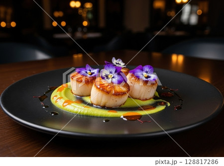 Gourmet seared scallops with edible flowers and green puree served as an appetizer in a restaurant 128817286