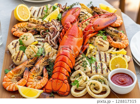 Grilled seafood platter with lobster, shrimp, scallops, and calamari served with lemon 128817315