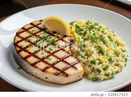 Grilled swordfish steak with creamy herb...のイラスト素材 [128817323] - PIXTA