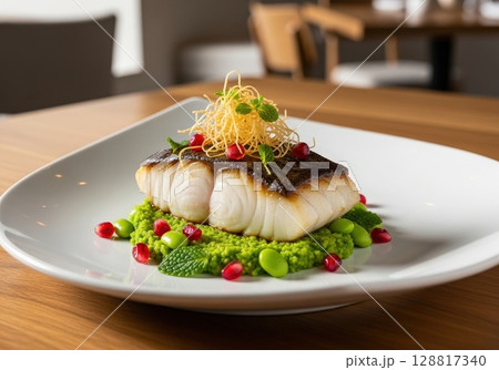 Seared black cod with edamame puree and pomegranate seeds a gourmet fine dining entree 128817340