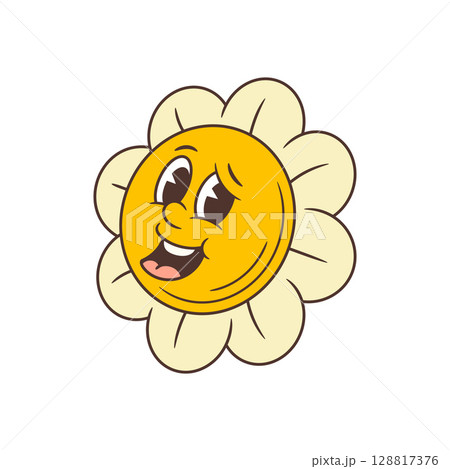 Cheerful Playful Smiling Flower With Large Expressive Face And Rounded Cream Petals Vector Illustration 128817376