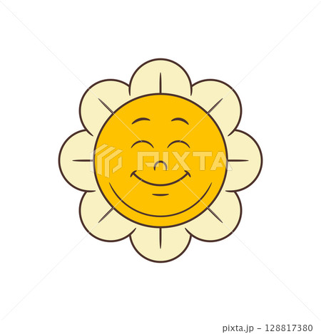Cheerful Playful Smiling Sun With Friendly Face And Rounded Cream Sunburst Petals Vector Illustration 128817380