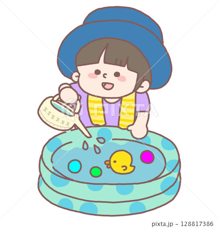水を溜めたプールでジョウロを使って水遊びをしている子どものイラスト 水を溜めたプールでジョウロを使って水遊びをしている子どものイラスト 128817386