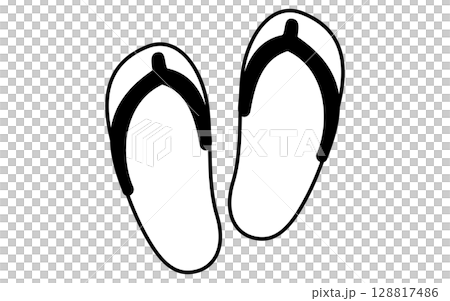 Simple line drawing illustration of beach sandals, summer illustration, black and white Simple line drawing illustration of beach sandals, summer illustration, black and white 128817486