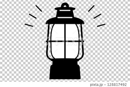 Simple line drawing illustration of a camping lantern, summer illustration, black and white 128817492