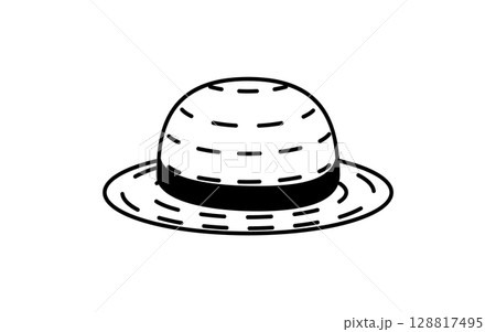 麦わら帽子のシンプルな線画イラスト、夏のイラスト、白黒 128817495