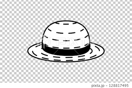 Simple line drawing illustration of a straw hat, summer illustration, black and white 128817495