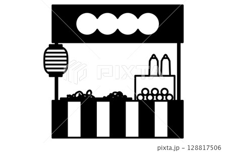 焼きそばの屋台のシンプルな線画イラスト、夏のイラスト、白黒 128817506