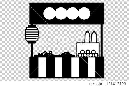 焼きそばの屋台のシンプルな線画イラスト、夏のイラスト、白黒 128817506