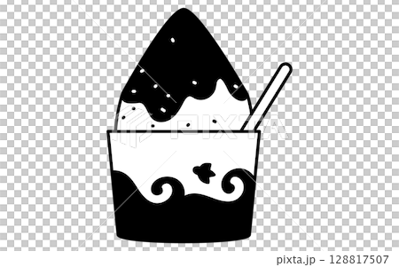 かき氷のシンプルな線画イラスト、夏のイラスト、白黒 128817507