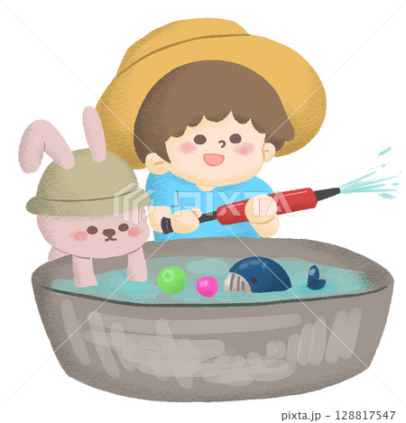 たらいに水を溜めて水鉄砲で遊んでいる子どもとうさぎのイラスト 128817547