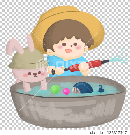たらいに水を溜めて水鉄砲で遊んでいる子どもとうさぎのイラスト 128817547
