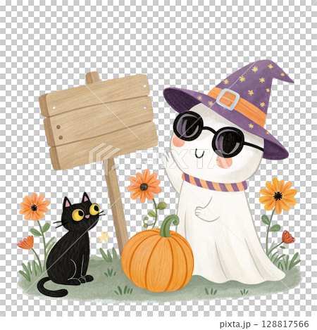 Cute kawaii ghost witch hathugging a smiling...のイラスト素材 [128817566] - PIXTA