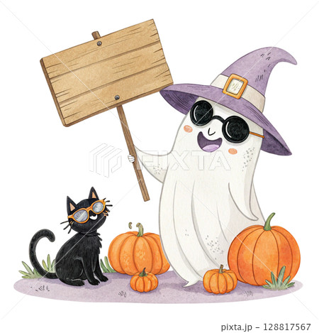Cute kawaii ghost witch hathugging a smiling...のイラスト素材 [128817567] - PIXTA