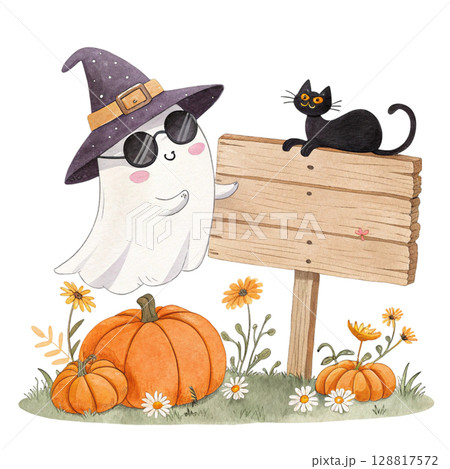 Cute kawaii ghost witch hathugging a smiling...のイラスト素材 [128817572] - PIXTA