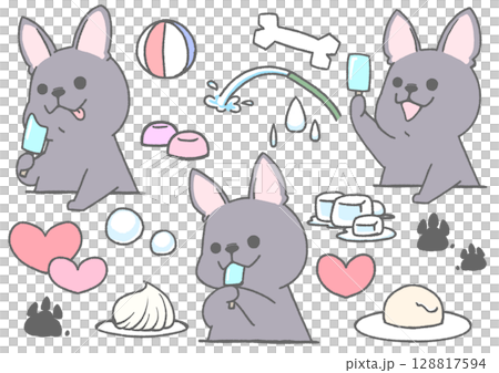Set of French bulldog icons holding summer snacks and ice cream (black) 128817594