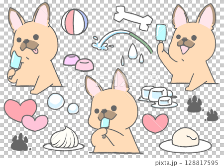 Set of French bulldog icons holding summer snacks and ice cream (brown) Set of French bulldog icons holding summer snacks and ice cream (brown) 128817595