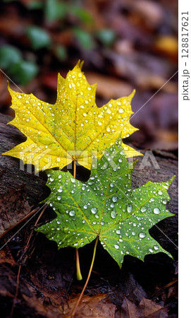 Maple leaves mottled with dew drops lying on the forest floor 128817621