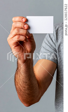 Close up of a hand holding a blank white card against a gray background 128817622