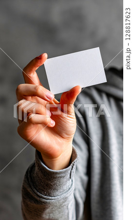 Person hand gripping a plain white card with gray background behind 128817623
