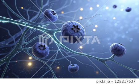 Microscopic view of blue neurons interconnected in a neural network showcasing synaptic connections and activity 128817637