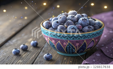 Fresh blueberries in a decorative bowl on a rustic wooden surface with a vibrant cloth 128817638
