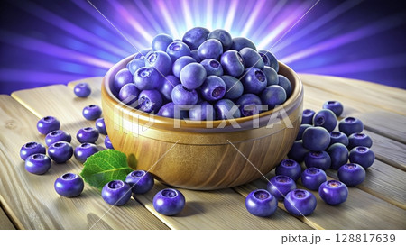 Fresh blueberries in a wooden bowl with bright blue background and radiant light 128817639