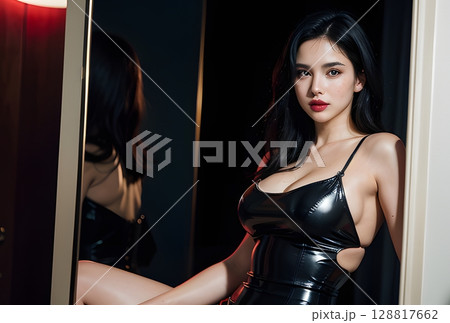 体にフィットした黒の水着でポーズをとる女性。 128817662