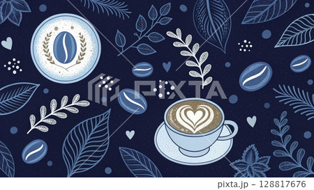 Decorative coffee design featuring a cup with heart latte art and coffee beans on a blue background 128817676