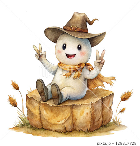 spooky ghost halloween wearing a cowboy hat 128817729