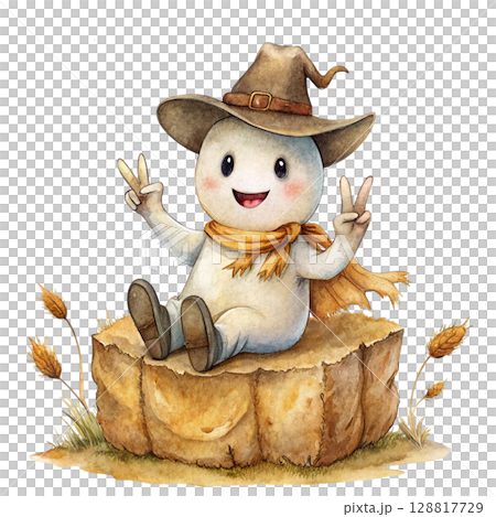 spooky ghost halloween wearing a cowboy hat 128817729
