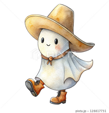 spooky ghost halloween wearing a cowboy hat 128817731