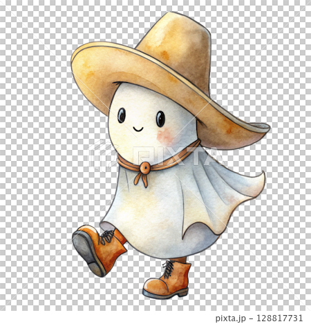 spooky ghost halloween wearing a cowboy hat 128817731