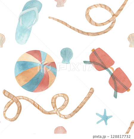 Seamless template Watercolor illustration with ball, flip flop, glasses, Seashells and starfish . composition isolated from the background. For fabrics, wallpaper, beachwear, summer accessories 128817732