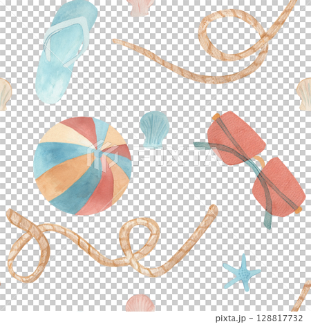 Seamless template Watercolor illustration with ball, flip flop, glasses, Seashells and starfish . composition isolated from the background. For fabrics, wallpaper, beachwear, summer accessories 128817732