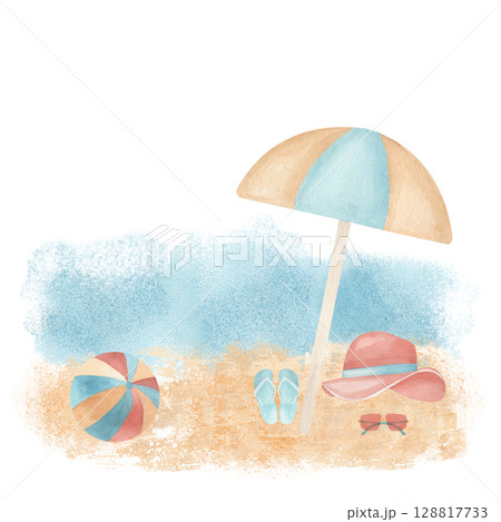 Watercolor hand drawn beach on sand and sea background. Ideal for summer invitations, travel blogs, greeting cards, or seasonal decor 128817733