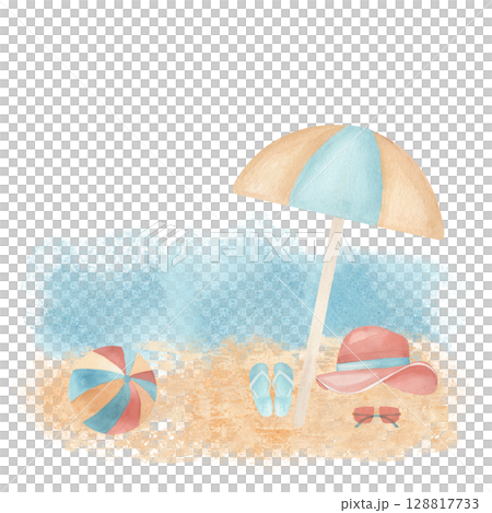 Watercolor hand drawn beach on sand and sea background. Ideal for summer invitations, travel blogs, greeting cards, or seasonal decor 128817733