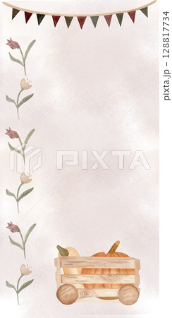 Watercolor hand drawn illustration with a festive bunting, pastel flowers, and a wooden cart filled with pumpkins. Ideal for autumn-themed invitations, posters, menus, or seasonal product packaging 128817734