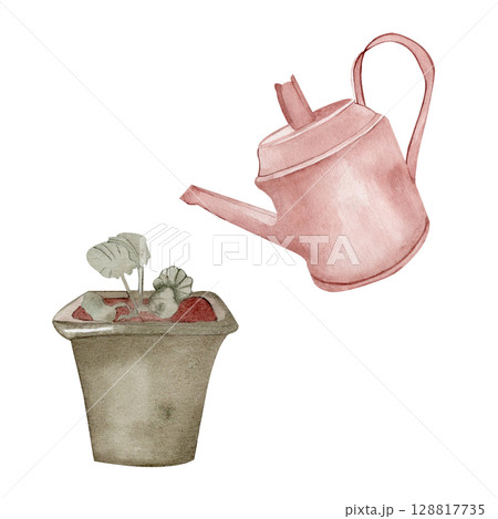 Watercolor illustration of pink watering can and potted plant with green leaves. Composition isolated from the background, For garden-themed designs, eco-friendly packaging, card or springtime project 128817735