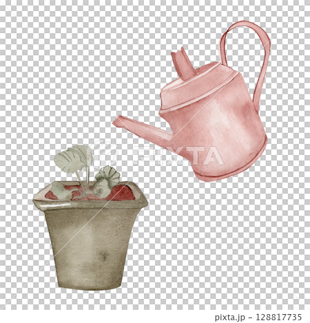 Watercolor illustration of pink watering can and potted plant with green leaves. Composition isolated from the background, For garden-themed designs, eco-friendly packaging, card or springtime project 128817735