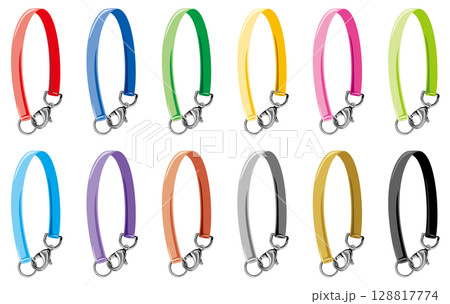 シルバーリング＆カニカン付きカラフルなハンドストラップキーホルダーパーツのベクター素材イラストセット 128817774