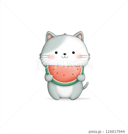 正面を向いてスイカを持った猫 128817944