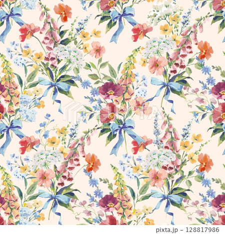 Watercolor and Gouache floral pattern with poppy, foxglove, chicory and buttercups seamless vintage bouquet with blue ribbons and colorful wildflowers on white background. Hand-painted romantic design Watercolor and Gouache floral pattern with poppy, foxglove, chicory and buttercups seamless vintage bouquet with blue ribbons and colorful wildflowers on white background. Hand-painted romantic design 128817986