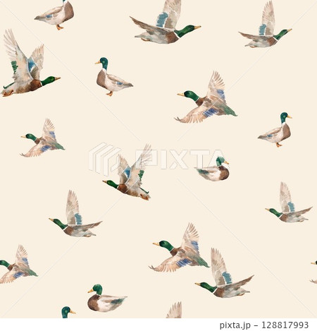 Watercolor flying and swimming ducks seamless pattern. Nature-inspired mallards with reeds for nursery wallpaper and textile design 128817993