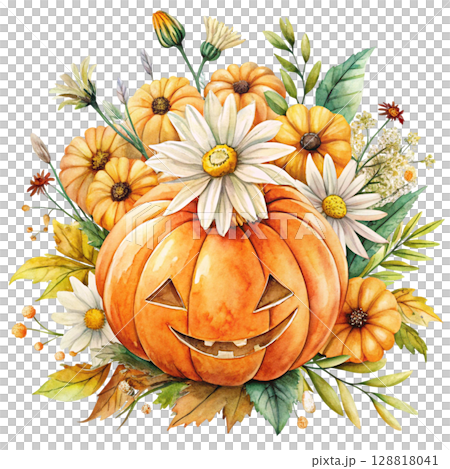 Watercolor illustration of a smiling jack-o-lantern pumpkin surrounded flower 128818041