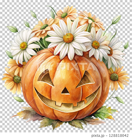 Watercolor illustration of a smiling jack-o-lantern pumpkin surrounded flower 128818042